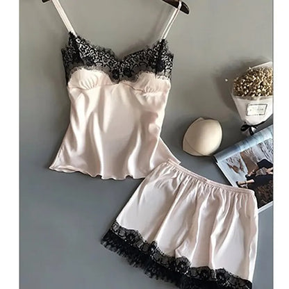 Women Pajama Suit Fashion V-Neck Lace Sexy Lingerie Pyjamas Sleep Shorts Set Sleepwear New ZY07