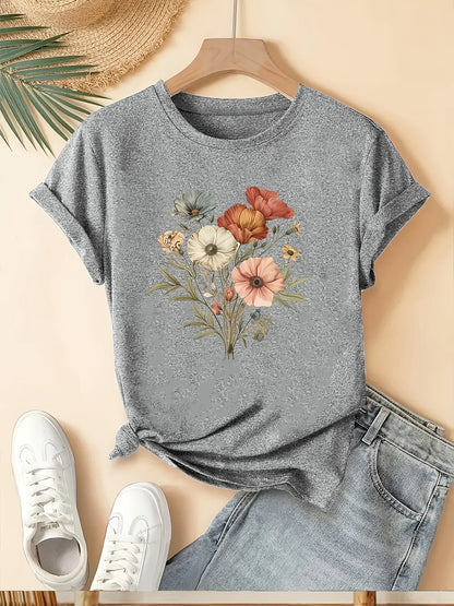 Floral Fashion Tee Breathable Women's Casual Fashion T-Shirt Crew Neck Short Sleeve Colorful Floral Women Fashion Summer Tee