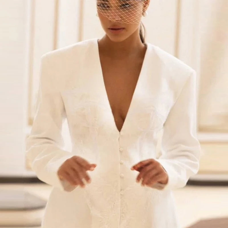 New Design Lace Patchwork Suit Jacket Women Retro Chic V-neck Single Breasted Waist-cinching Jackets Female High Street Outwear white