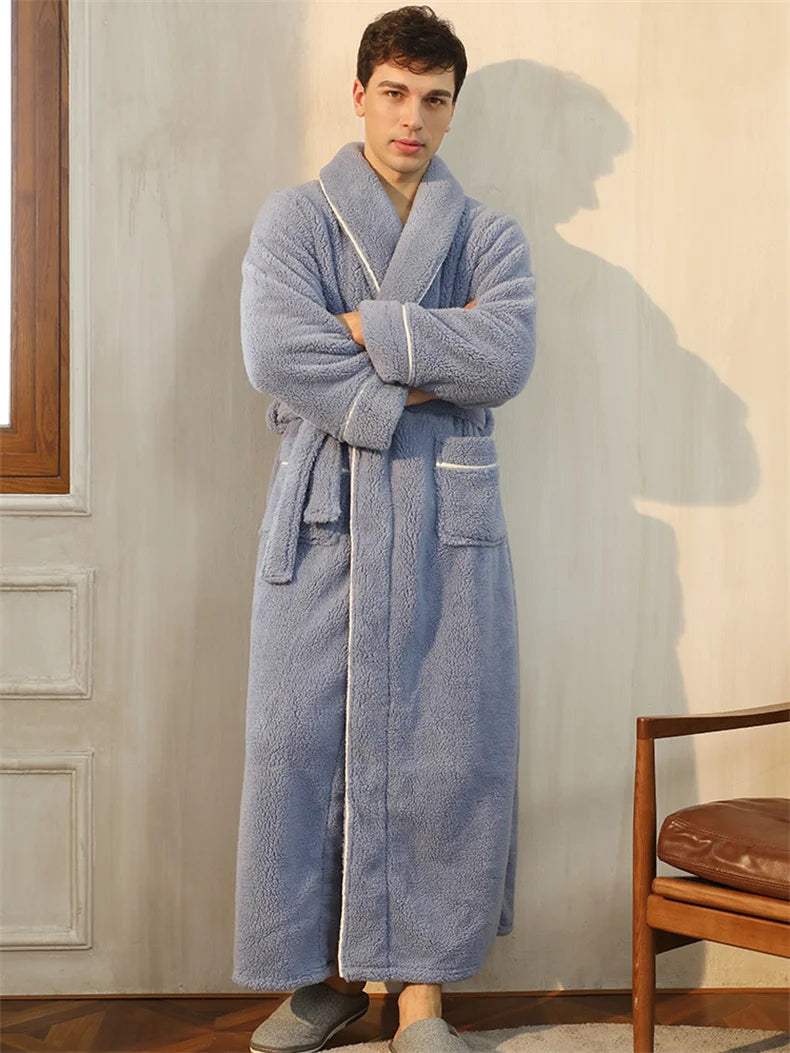 Men's Winter Bathrobe Long Sleeve Warm Turn Down Collar Man Fluffy Bath Robe With Sashes Solid Fleece Dressing Gown For Male
