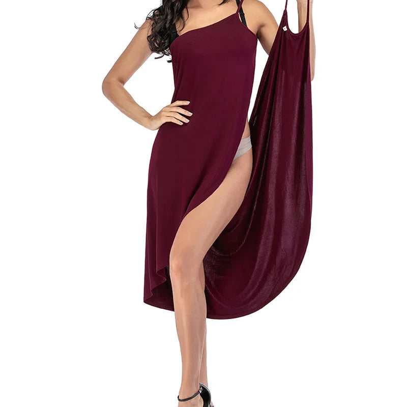 NSANGU Summer Beach Sexy Women Solid Color Wrap Dress Sun Protection Bikini Cover Up Sarongs Female Bathing Suit Swimwears Wine