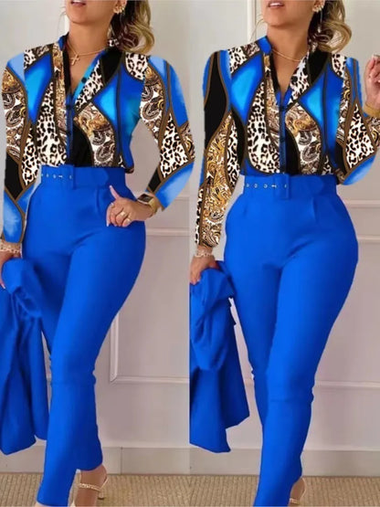 Elegant Women Printed Two Piece Suit Sets Spring Autumn V Neck Long Sleeve Shirt Top & Long Pants Set With Belt Workwear Outfits Blue CHINA