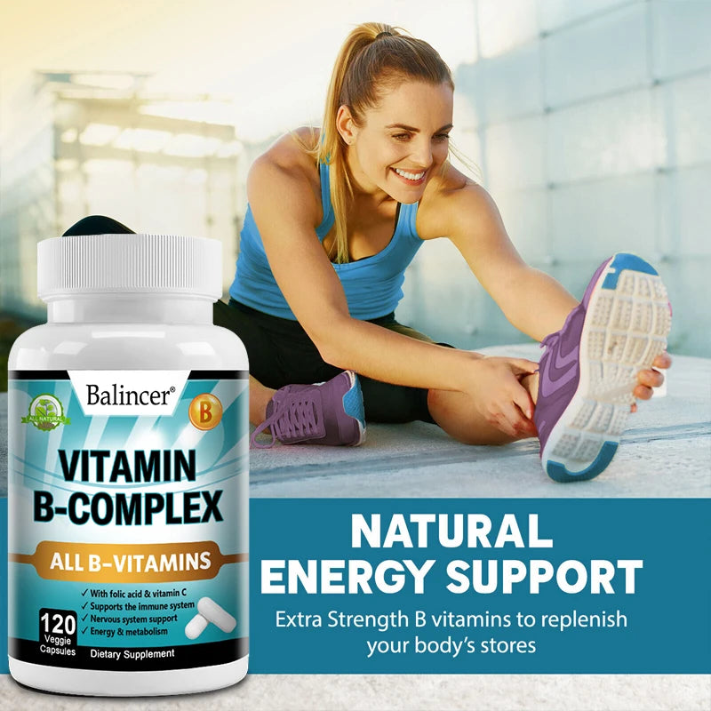 Vitamin B Complex Supplement, Containing Folic Acid and Vitamin C, Supports Energy, Immune Health, Antioxidant Supplement