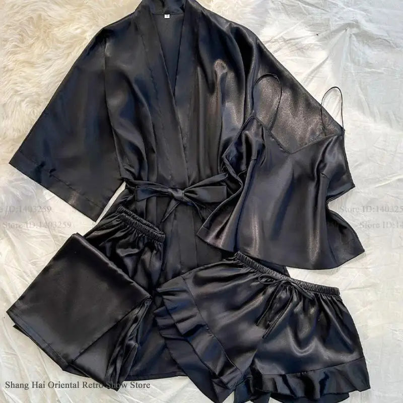 Spring Summer New Women Pajama Four Piece Suit Sleepwear Silky Satin Kimono Bathrobe Trouser Suits Loose Home Clothes Loungewear