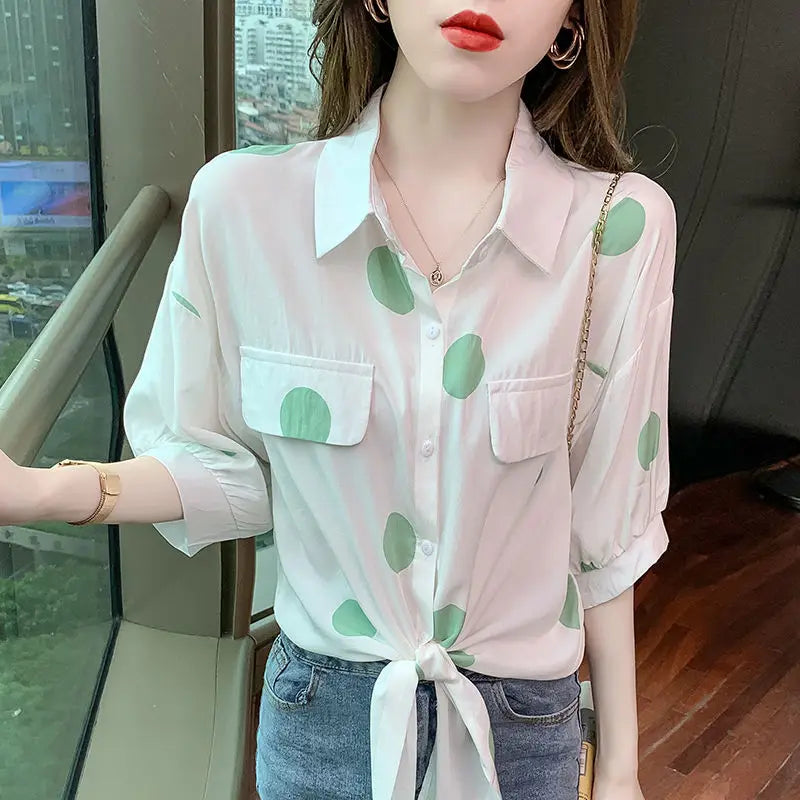 Fashion Lapel Loose Bandage Bow Polka Dot Shirt Women's Clothing 2025 Summer New Oversized Casual Tops Half Sleeve Korean Blouse