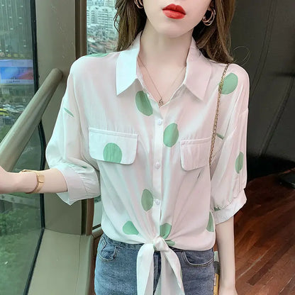 Fashion Lapel Loose Bandage Bow Polka Dot Shirt Women's Clothing 2025 Summer New Oversized Casual Tops Half Sleeve Korean Blouse