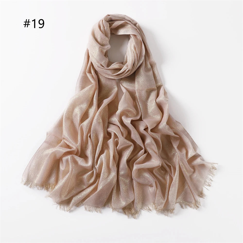 Lastest Brand Design Scarf Shiny Solid Color Shawls Rayon Fabric Gold Silk Silver Wire Head Shawl Fringe Hijab For Women