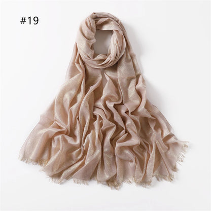 Lastest Brand Design Scarf Shiny Solid Color Shawls Rayon Fabric Gold Silk Silver Wire Head Shawl Fringe Hijab For Women