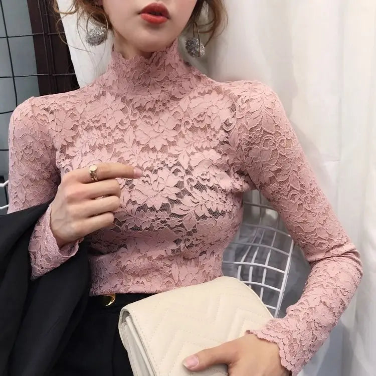 Autumn Women Thin Black Lace T shirt Sexy Turtleneck Long Sleeve Slim Lace Crochet Patchwork Tee Tops WDC6074 Pink