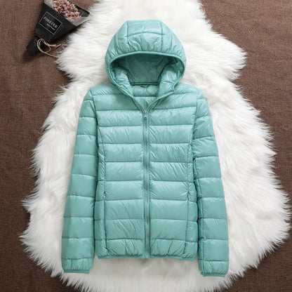 Plus Size 2023 Autumn and Winter New Women Lightweight Puffer Jacket Female Hooded Slim-fit White Duck Down Warm Short Coats Pen green
