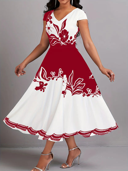 Plus Size Peplum Floral Print Dress - Elegant V-Neck, Short Sleeves, Scalloped Hem, Medium Stretch, Zipper Closure, Machine Wash Burgundy