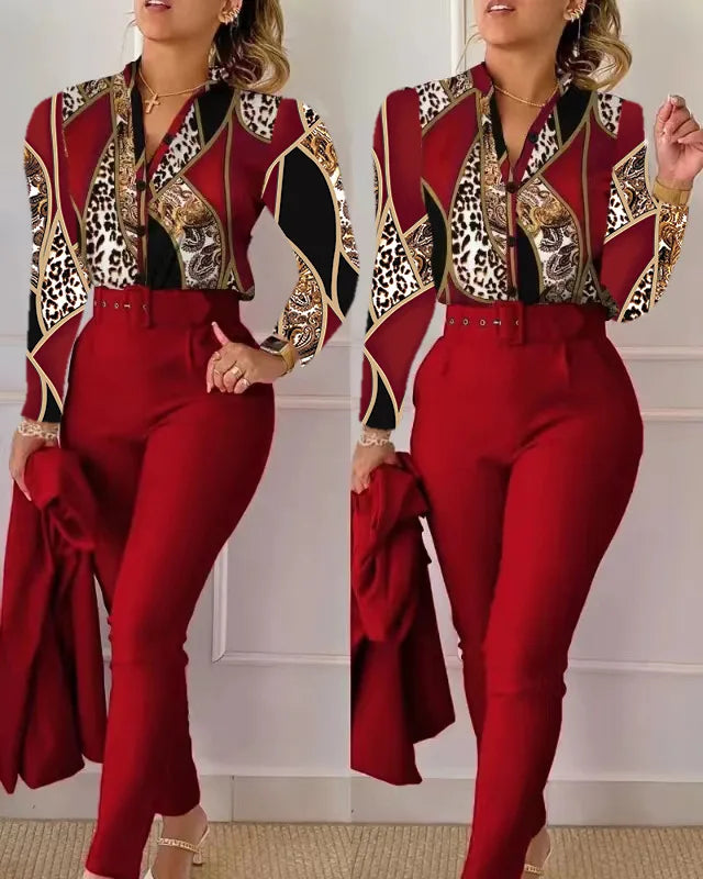 Elegant Women Printed Two Piece Suit Sets Spring Autumn V Neck Long Sleeve Shirt Top & Long Pants Set With Belt Workwear Outfits