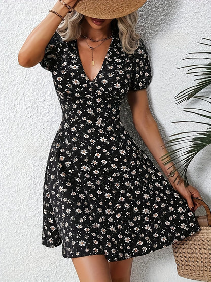 New Summer Women's Elegant Floral Printed Dress Casual Vacation Sweet V Neck Puff Sleeve Dresses black