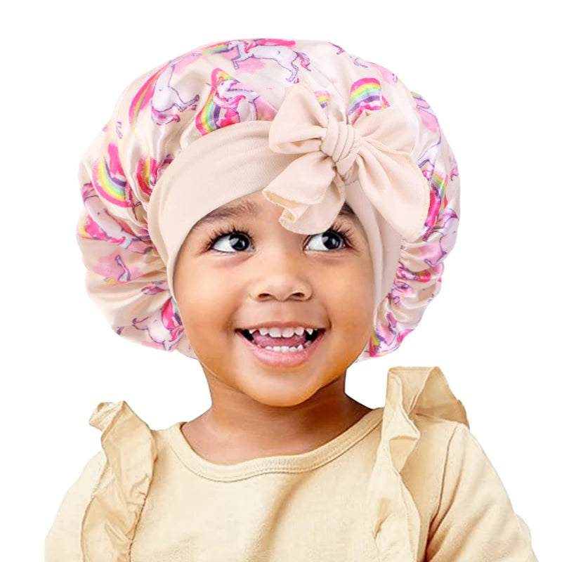 New Kids Unicorn Satin Bonnet Wide Elastic Band Ribbon Sleeping Cap Curly Natural Hair Child Night Caps Shower Cap Headscarf Badiee Stylez