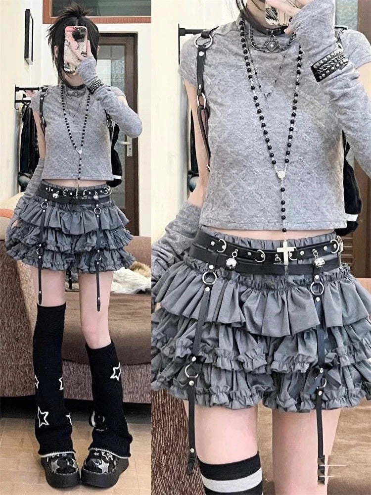 Gothic Y2k Elastic Waist Harajuku Y2k Short Skirt Women Hot Chick Chic Ruffle Subculture Skirts Design Retro Cake Skirt Lolita 143 Grey
