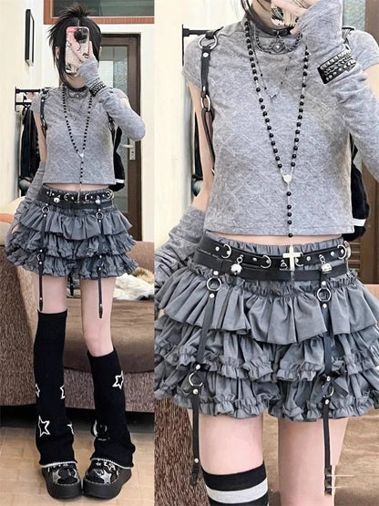 Gothic Y2k Elastic Waist Harajuku Y2k Short Skirt Women Hot Chick Chic Ruffle Subculture Skirts Design Retro Cake Skirt Lolita 143 Grey