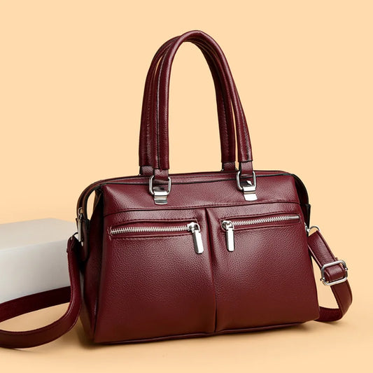 Two Pockets Genuine Brand High Quality Leather Casual Tote Luxury Handbags Women Bags Designer Shoulder Hand Bags for Women Sac