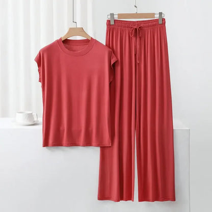 Modal Homewear set O-neck Tshirts short sleeves and Wide leg pants Loose sleepwear Casual streetwear suit all match brick red