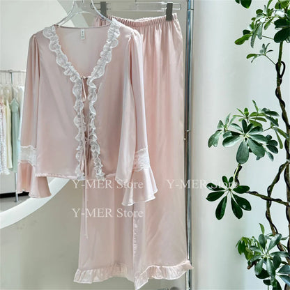 Blue Pajamas Set Elegant Home Clothes Ice Silk Sleepwear Women Loose Trousers Suit Four Seasons Loungewear Sexy Lace Nightgown Pink C