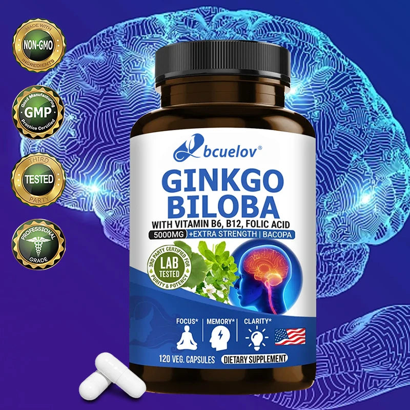 Ginkgo Biloba + 5000mg Supplement - Vitamin B6 B12 Folic Acid Bacopa Gotu Kola - Brain Focus Memory