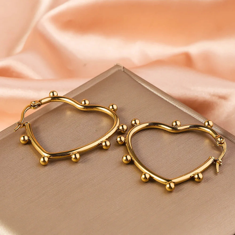 Stainless Steel Women's Hoop Earrings, Non Fading Fashionable Gold Color Metal Bead Earrings, Classic Jewelry Accessories