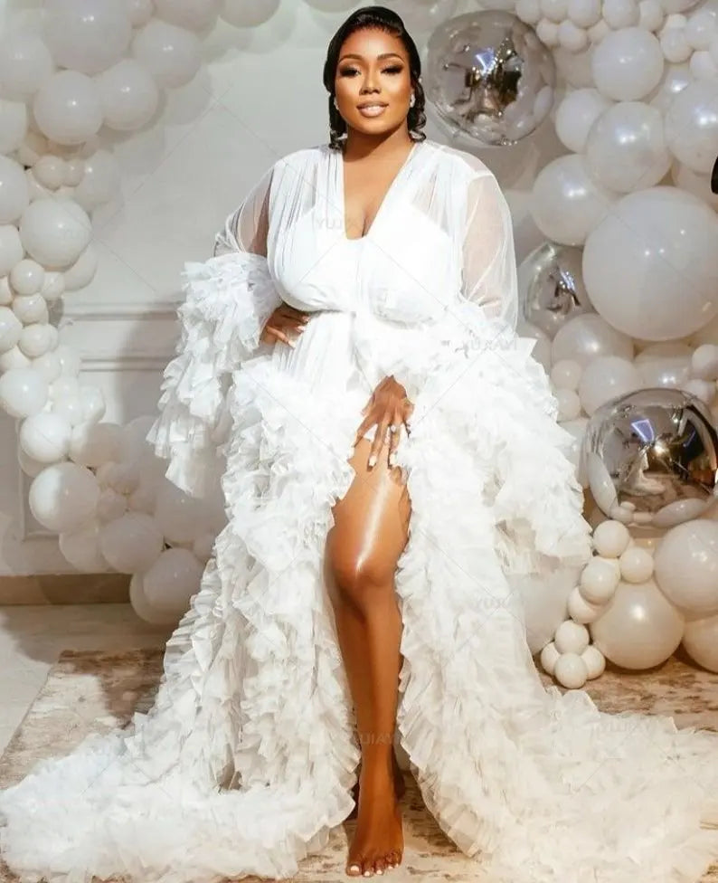 Maternity Gown for Baby Shower Dressing Gown Perspective Sheer Skirt Long Tulle Bridal Robe Puffy Sleepwear for Women Nightwear WHITE