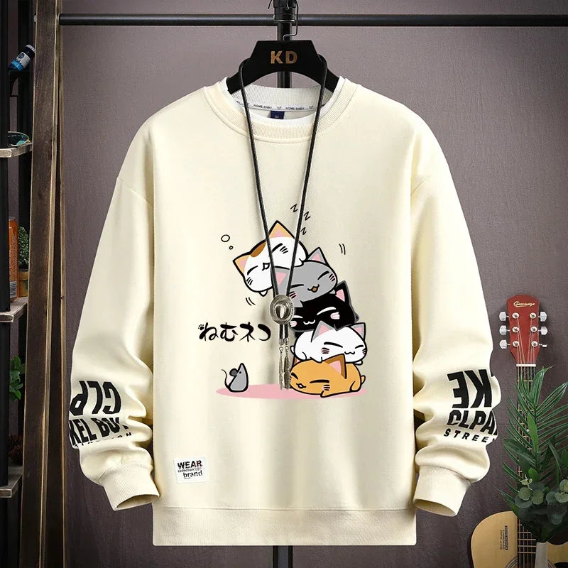 Spring Men's Sweatshirt Japan Cartoon Cats Printed Long Sleeve T-shirt Fashion Men's Clothing Khaki O Neck Harajuku Top 2024 New ND047-Khaki