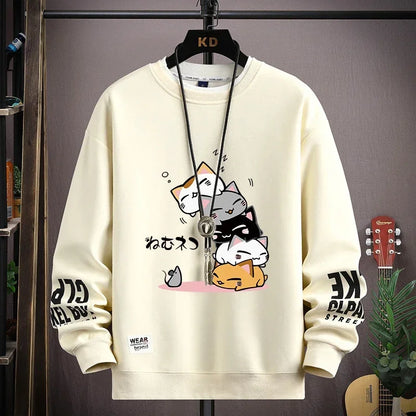 Spring Men's Sweatshirt Japan Cartoon Cats Printed Long Sleeve T-shirt Fashion Men's Clothing Khaki O Neck Harajuku Top 2024 New ND047-Khaki