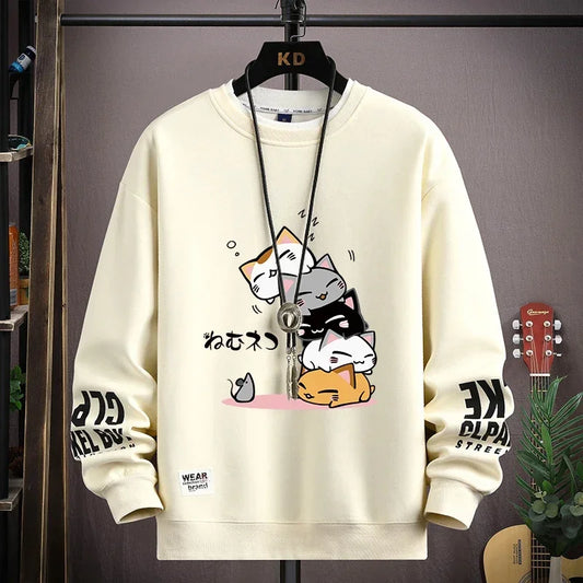 Spring Men's Sweatshirt Japan Cartoon Cats Printed Long Sleeve T-shirt Fashion Men's Clothing Khaki O Neck Harajuku Top 2024 New ND047-Khaki