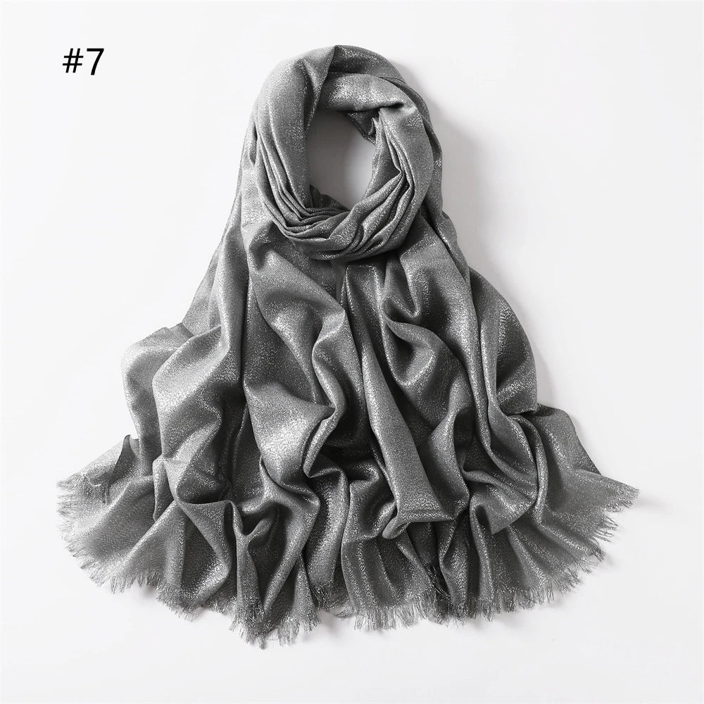 Lastest Brand Design Scarf Shiny Solid Color Shawls Rayon Fabric Gold Silk Silver Wire Head Shawl Fringe Hijab For Women