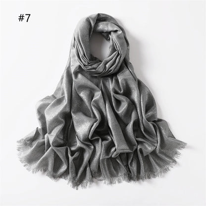 Lastest Brand Design Scarf Shiny Solid Color Shawls Rayon Fabric Gold Silk Silver Wire Head Shawl Fringe Hijab For Women