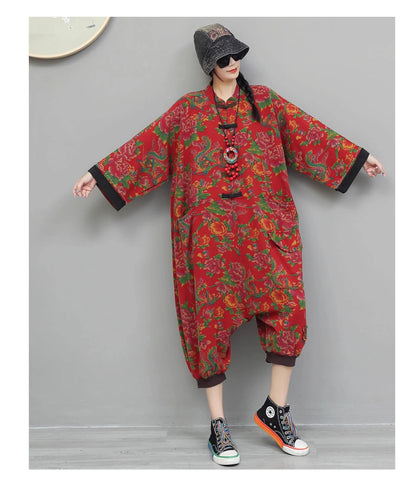 Artistic Large Floral Cotton Linen Chinese Style Button Embroidery Loose Casual Jumpsuit Women LX4344 Badiee Stylez