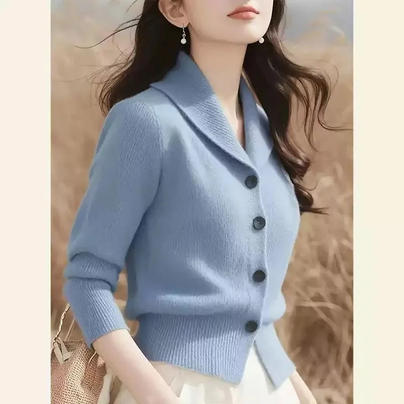 2025 New Spring Autumn Turndown Collar High End Women Knitt Cardigan Sweater Fashion Korean Version Female Knitwear Tops blue CHINA