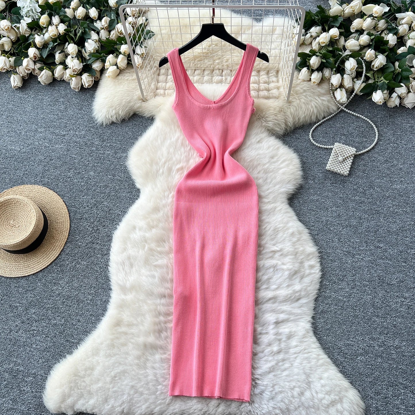 SINGREINY Knitted 3D Flower Chic Dress Sleeveless Slim Solid Elastic Sundress Women Summer Casual Fashion Bodycon Long Dresses