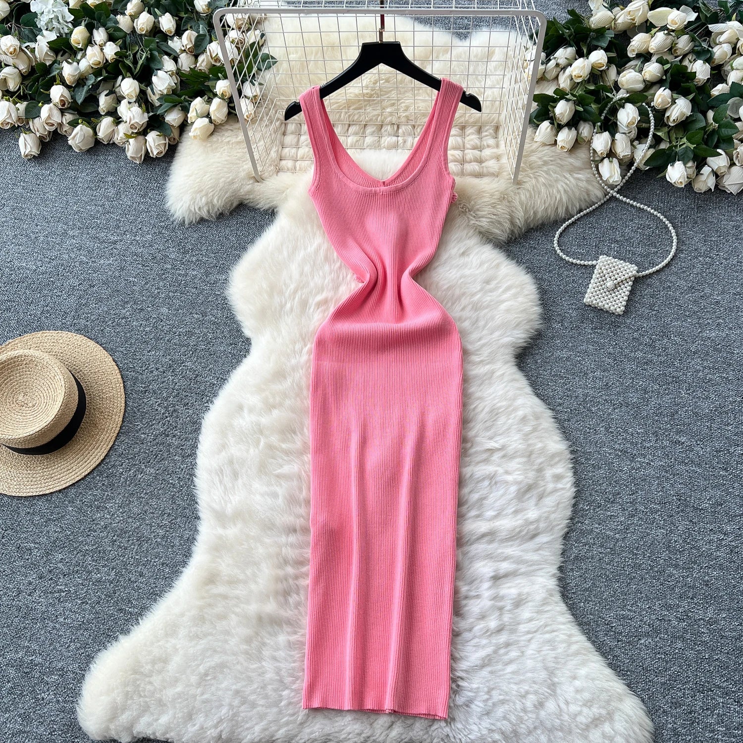 SINGREINY Knitted 3D Flower Chic Dress Sleeveless Slim Solid Elastic Sundress Women Summer Casual Fashion Bodycon Long Dresses
