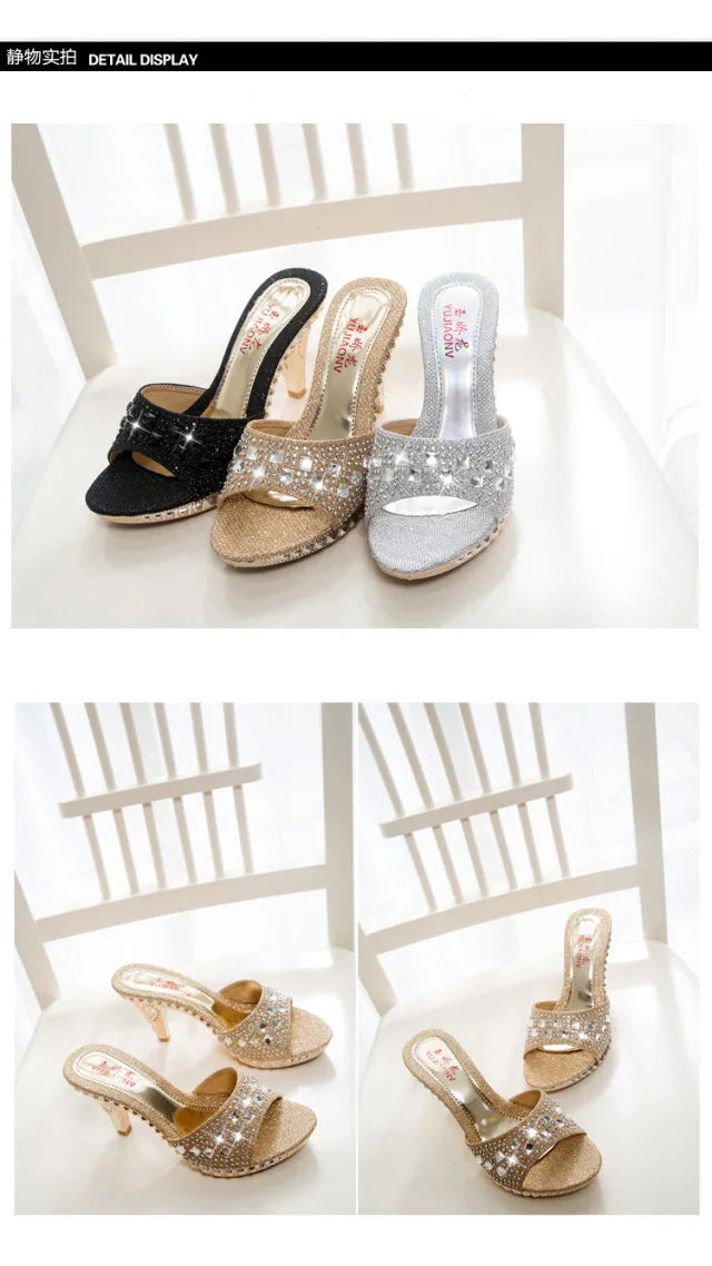 Summer Women Sandals Rhinestone Women Shoes Sexy High Heels Shoe Ladies Sandalias Gold Silver Women Slippers Heeled Sandals Sexy