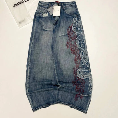 Street Fashion Y2K Asymmetrical Oversized Pattern High Waist Baggy Women Jean Vintage Harajuku Streetwear Straight Wide-leg Jean 1 1