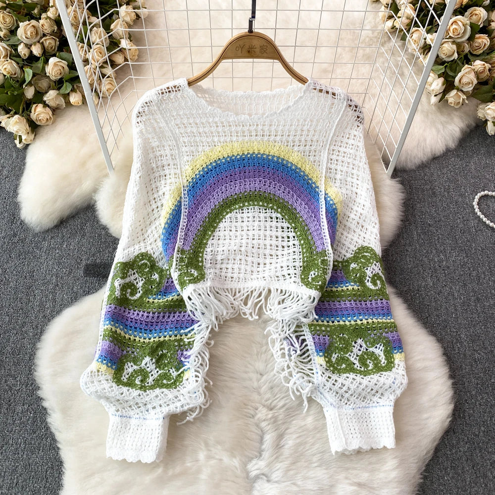Embroidery Rainbow Crochet Top Sheer Openwork Pullover Batwing Sleeve Cover Up for Women Spring Summer Fairycore Outfit Badiee Stylez