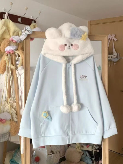 Vintage Kawaii Long Sleeve Loose Coat with Hooded Women Japanese Cute Zipper Sweatshirts Female Casual Y2k Jacket Overcoat Chic Badiee Stylez