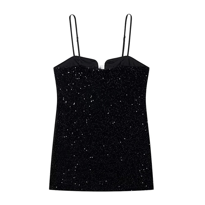 Sexy Sequins Short Black Party Dresses for Women Halter V Neck Backless Sparkly Ruffles Woman Mini Dress 2025 New Club Gowns