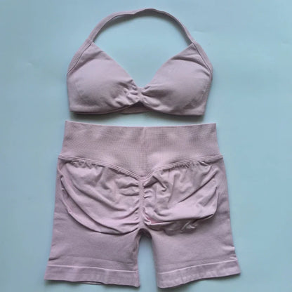 NO LOGO 2PCS Gym Set Women Strappy Yoga Bra Top High Waist Workout Scrunch Shorts Sports Suit Seamless Yoga Set Fitness Clothes Badiee Stylez