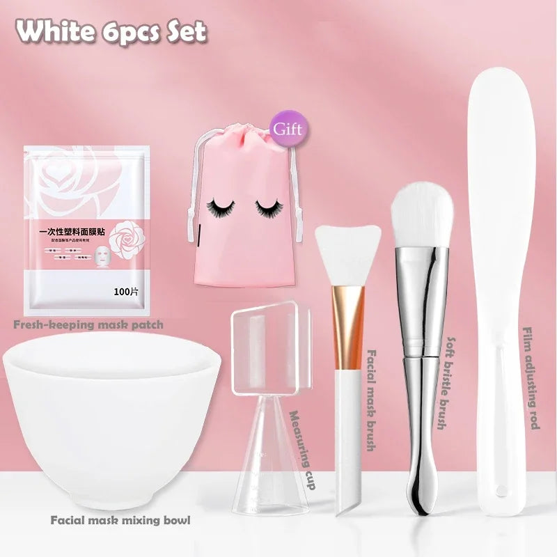 Silicone Face Mask Mixing Bowl Set Mixing Stick Spa Tool Beauty Salon Bowl Spoon Mask Mud Film Brush Silicone Facial Skincare White-6pcs