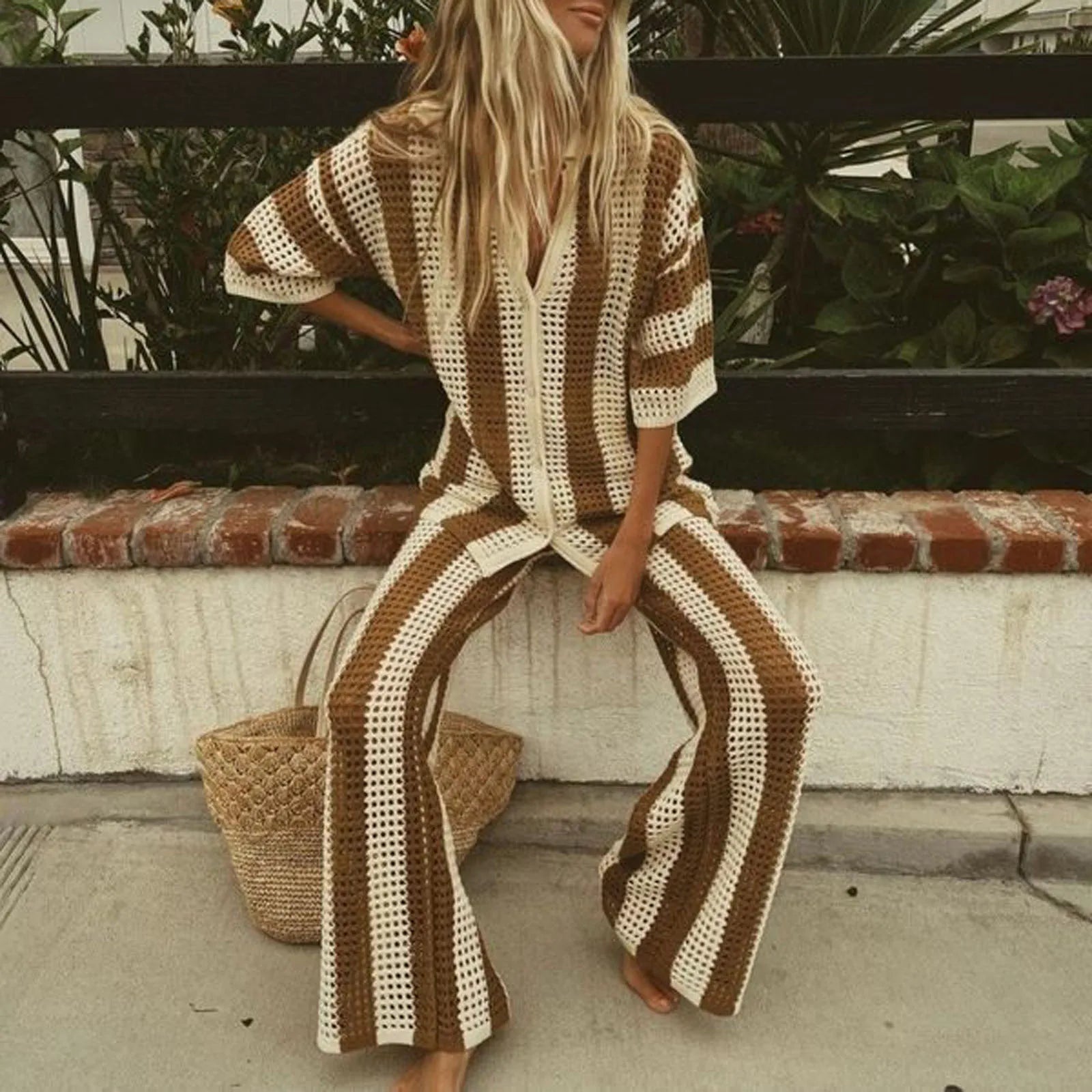 Women With Summer V-neck Button Top & Wide Leg Pants Suits Spring Crochet Hollow Knitted Set Woman 2 Pieces Striped Print