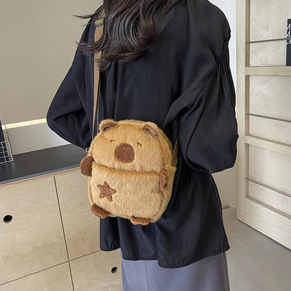 Cute Plush Capybara Crossbody Bag Large Capacity Shoulder Bag Girls Coin Purse Adjustable Zipper Plush Mobile Phone Pouch