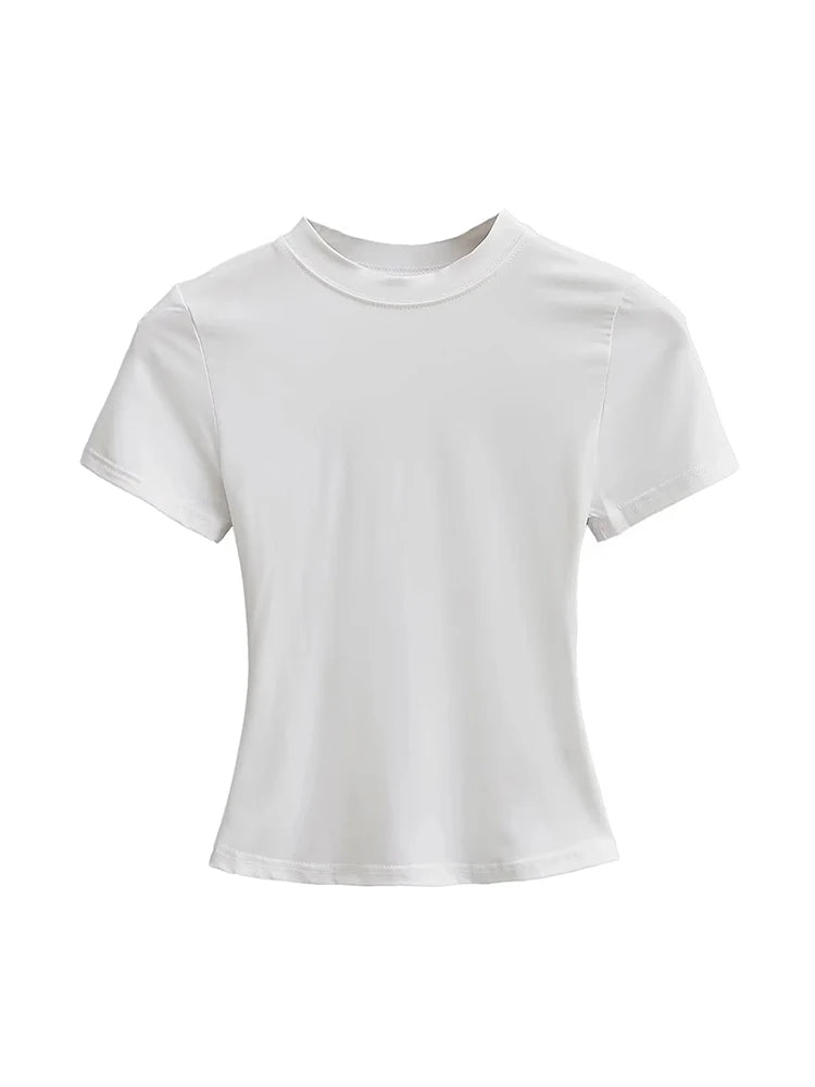 2025 New High Quality Casual T shirt Sexy Slim Short Sleeves Fashion Trend Solid Women Clothing y2k Tops WHITE