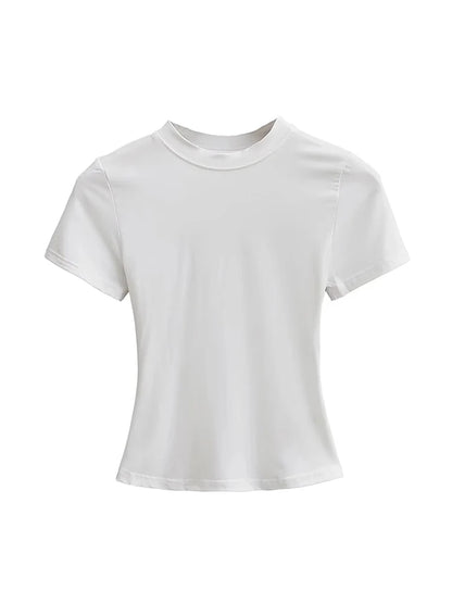 2025 New High Quality Casual T shirt Sexy Slim Short Sleeves Fashion Trend Solid Women Clothing y2k Tops WHITE