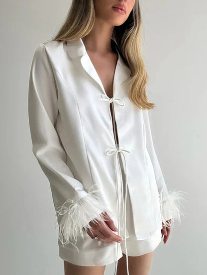 Mozuleva Women's Long Sleeved Lace Up Casual Shirt Pajamas Set Feather Sleeves Shorts Home Clothing Autumn Fashion 2-piece Set