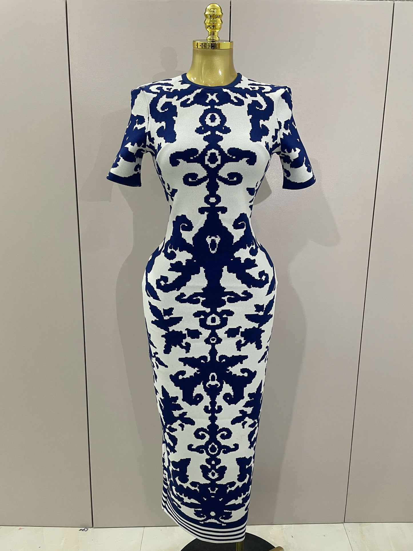 2025 New Sexy Short Sleeve Jacquard Blue Bandage Bodycon Long Dress Women Celebrity Elegant Evening Club Party Luxury Dresses Blue