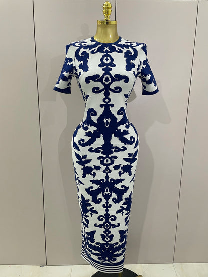 2025 New Sexy Short Sleeve Jacquard Blue Bandage Bodycon Long Dress Women Celebrity Elegant Evening Club Party Luxury Dresses Blue
