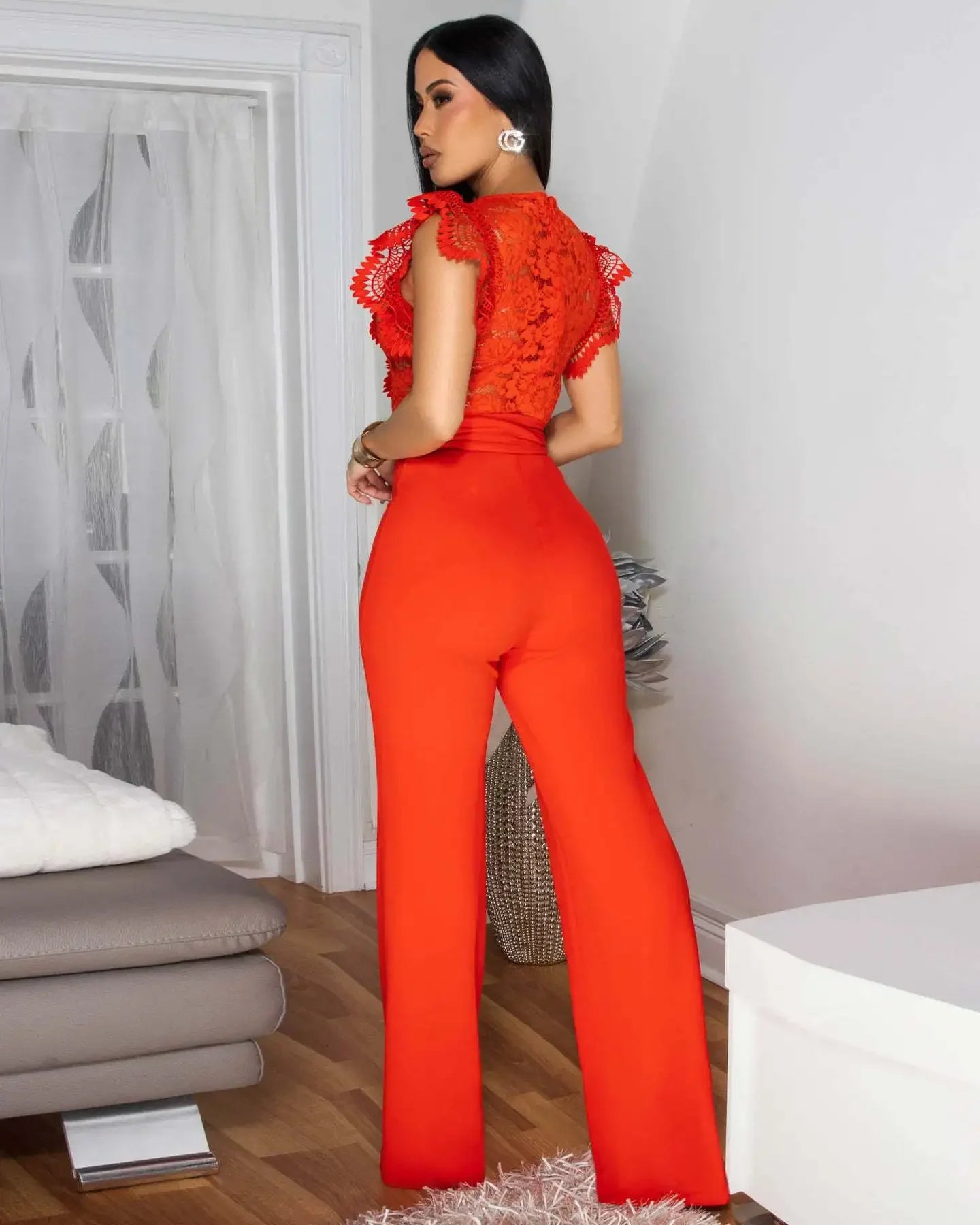 Women Lace See Though Patchwork Short Sleeve V-neck Jumpsuits Summer Vacation One Piece Set Streetwear Fitness Jumpsuit Badiee Stylez